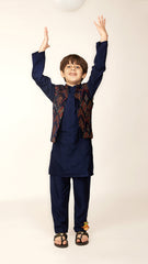 Pre Order: Mandarin Collar Navy Blue Kurta With Velvet Embroidered Open Jacket And Pyjama