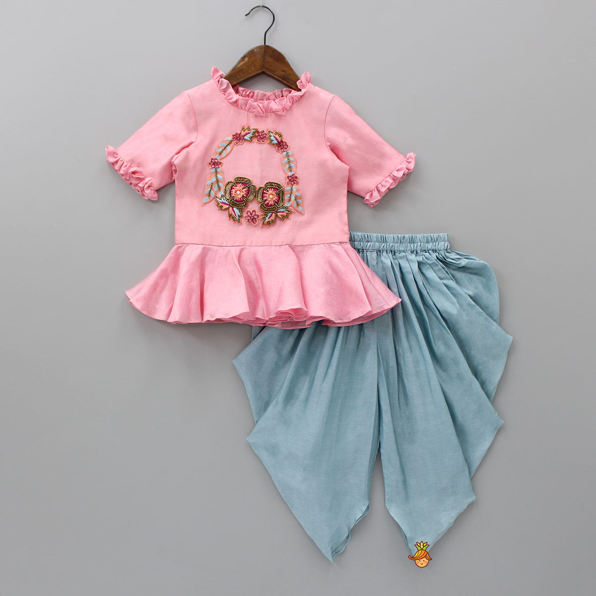 Pre Order: Flamingo Pink Embroidered Yoke Peplum Top And  Powder Blue Pleated Dhoti