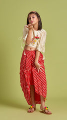 Pre Order: Bird Embroidered Top With Red Striped Dhoti Style Skirt