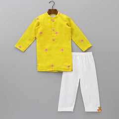 Pre Order: Yellow Ethnic Kurta With Cow Printed Jacket And White Pyjama