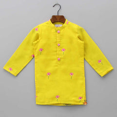 Pre Order: Yellow Ethnic Kurta With Cow Printed Jacket And White Pyjama