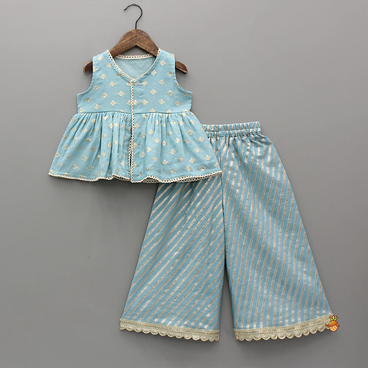 Ash Blue Front Slit Top And Flared Palazzo