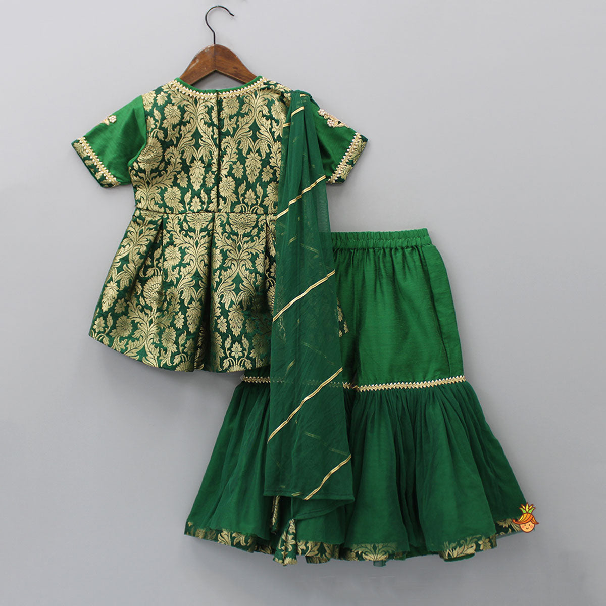 Front Slit Brocade Green High Low Kurti With Attached Dupatta And Net Sharara