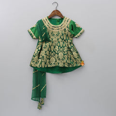 Pre Order: Front Slit Brocade Green High Low Kurti With Attached Dupatta And Net Sharara