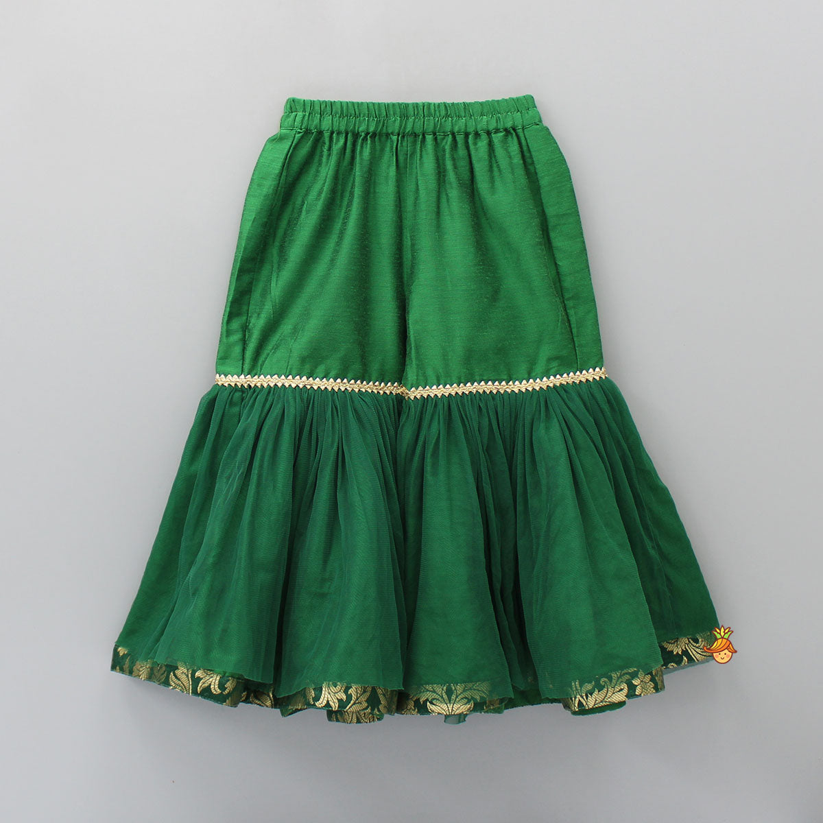 Front Slit Brocade Green High Low Kurti With Attached Dupatta And Net Sharara