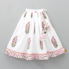 Short Sleeves Pink And White Dual Tone Cotton Top With Hand Block Printed Flared Lehenga And Pleated Dupatta