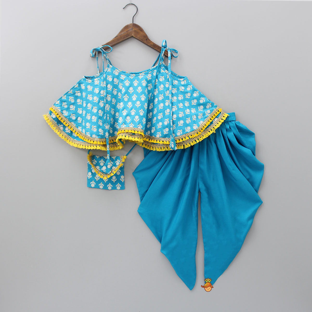 Blue Floral Printed Lace Work Top And Dhoti With Matching Sling Bag