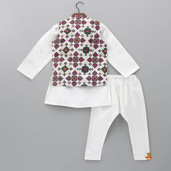 Pre Order: Chanderi Silk Ethnic Kurta With Multicolour Printed Jacket And Pyjama