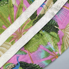 Pre Order: Peacock Printed Multicolour Flared Kurti With Sharara And Diagonal Lace Detail Net Dupatta