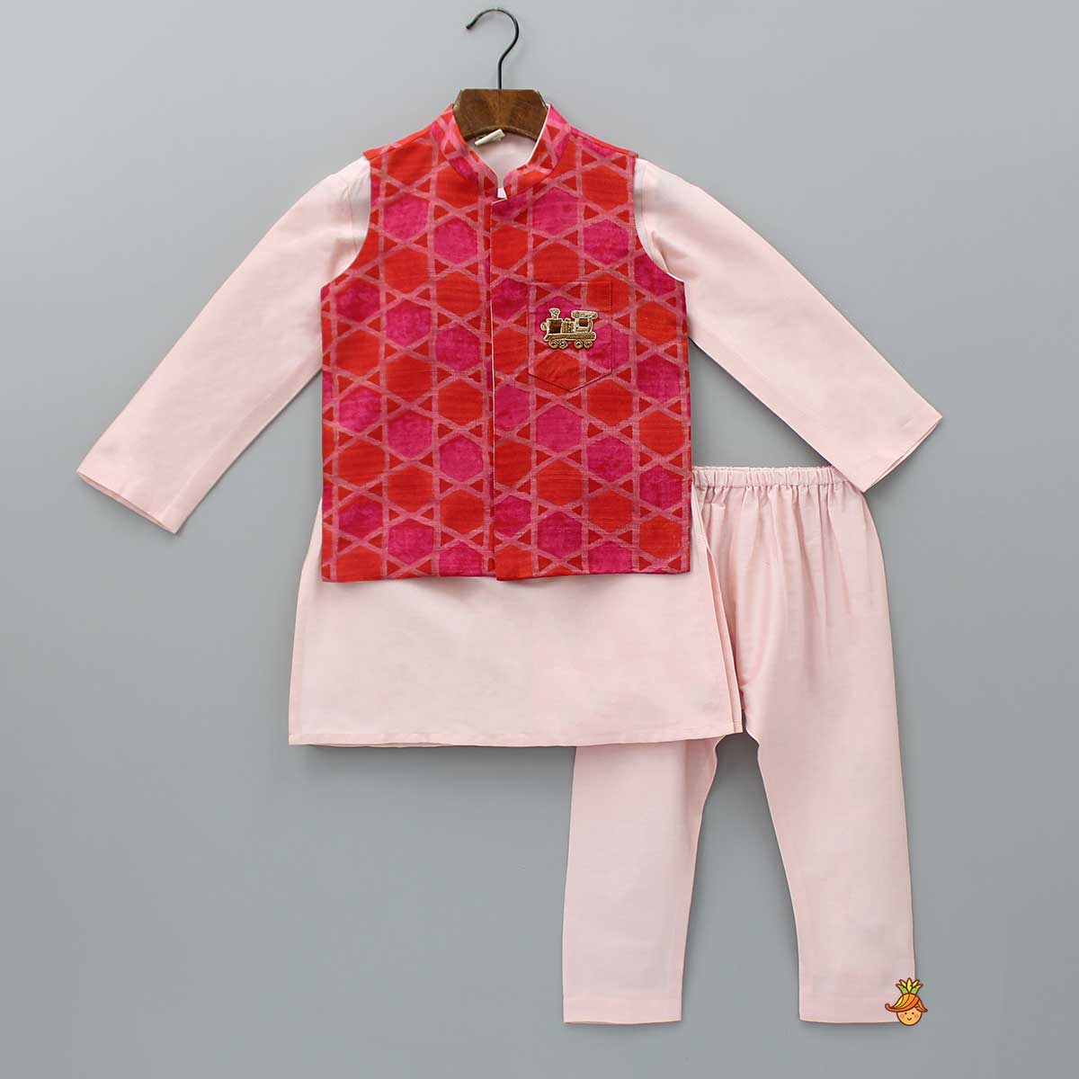 Pre Order: Silk Ethnic Kurta With Geometric Multicolour Jacket And Pyjama