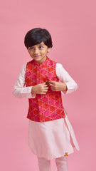 Pre Order: Silk Ethnic Kurta With Geometric Multicolour Jacket And Pyjama