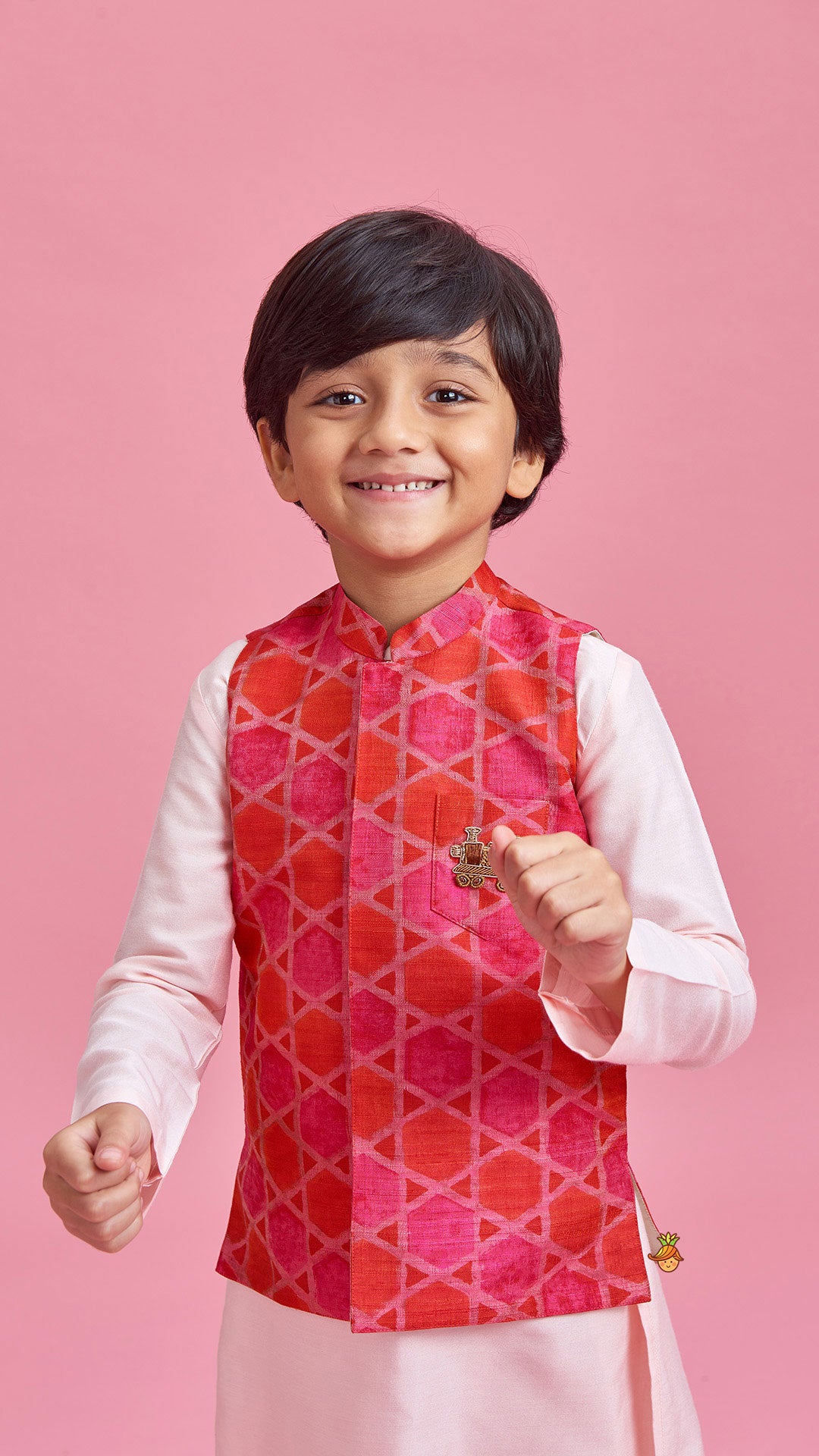 Silk Ethnic Kurta With Geometric Multicolour Jacket And Pyjama