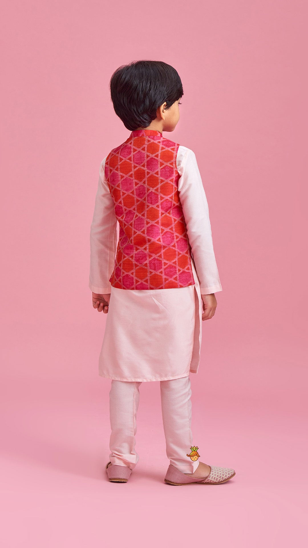 Silk Ethnic Kurta With Geometric Multicolour Jacket And Pyjama
