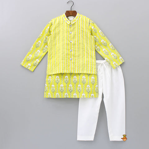 Pre Order: Floral Yellow Kurta With Vertical Gota Lace Detail Jacket And Pyjama