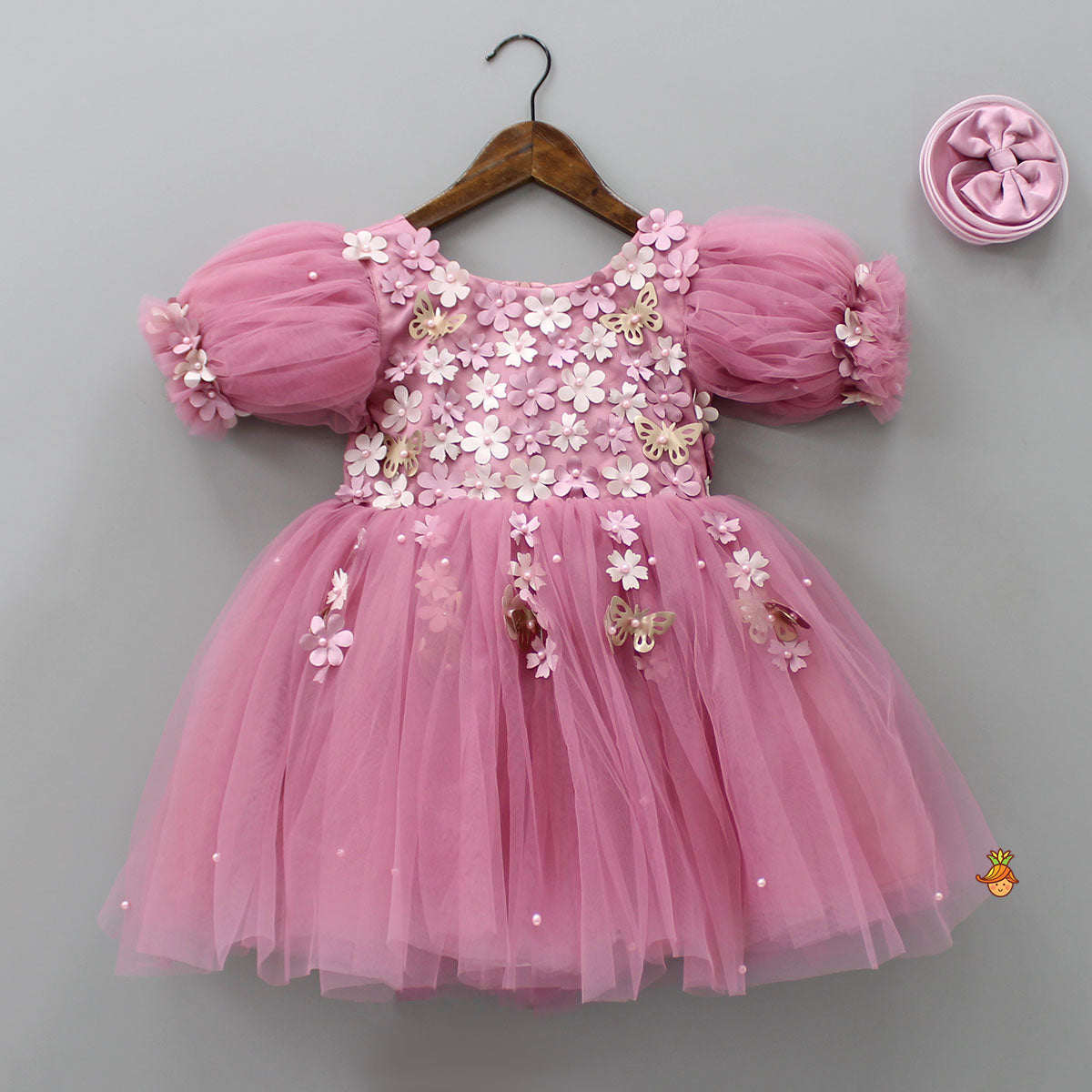 Flower Enhanced Pink Butterfly Wings Dress With Head Band