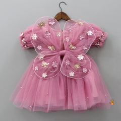 Pre Order: Flower Enhanced Pink Butterfly Wings Dress With Head Band