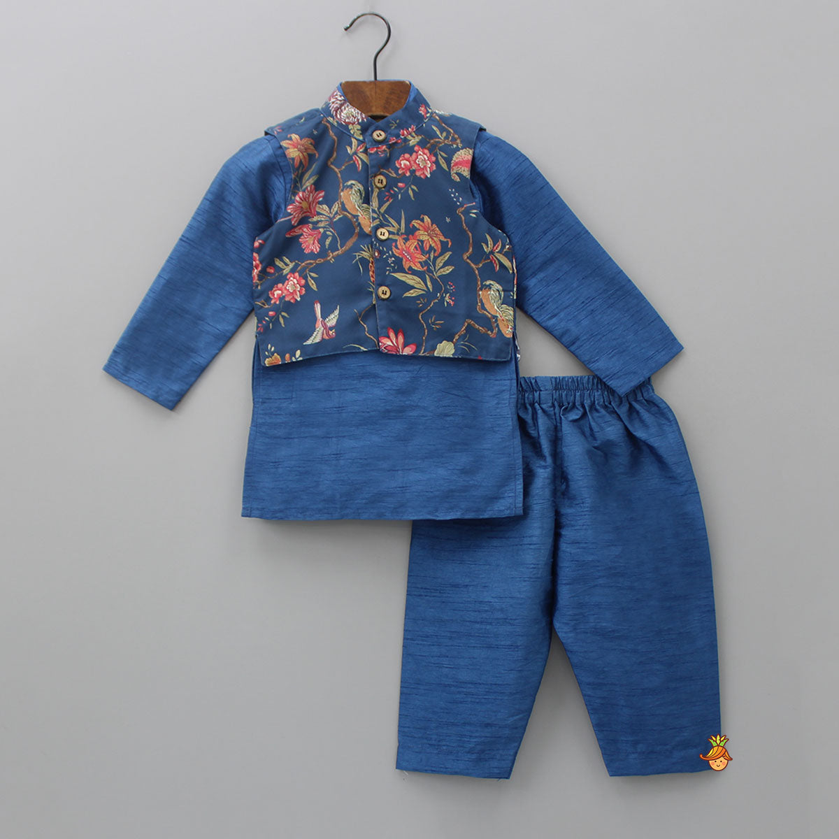 Pre Order: Blue Kurta With Flowers And Bird Printed Front Open Jacket And Pyjama