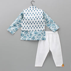 Pre Order: Blue Ethnic Kurta With Floral Printed Open Jacket And Pyjama