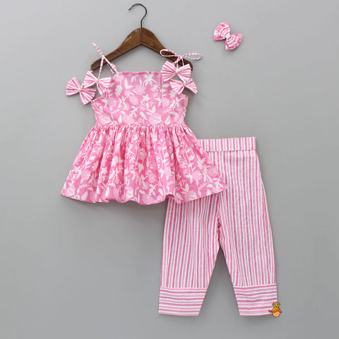Pre Order: Smocked Back Tie Up Straps Pink Top And Striped Pant With Bowie Snap Hair Clip