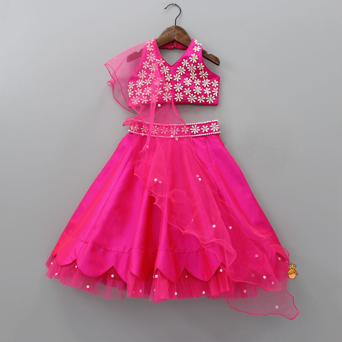 Halter Neck Pink Floral Embroidered Top And Scalloped Hem Lehenga With Flat Back Pearls Enhanced Ruffle Dupatta