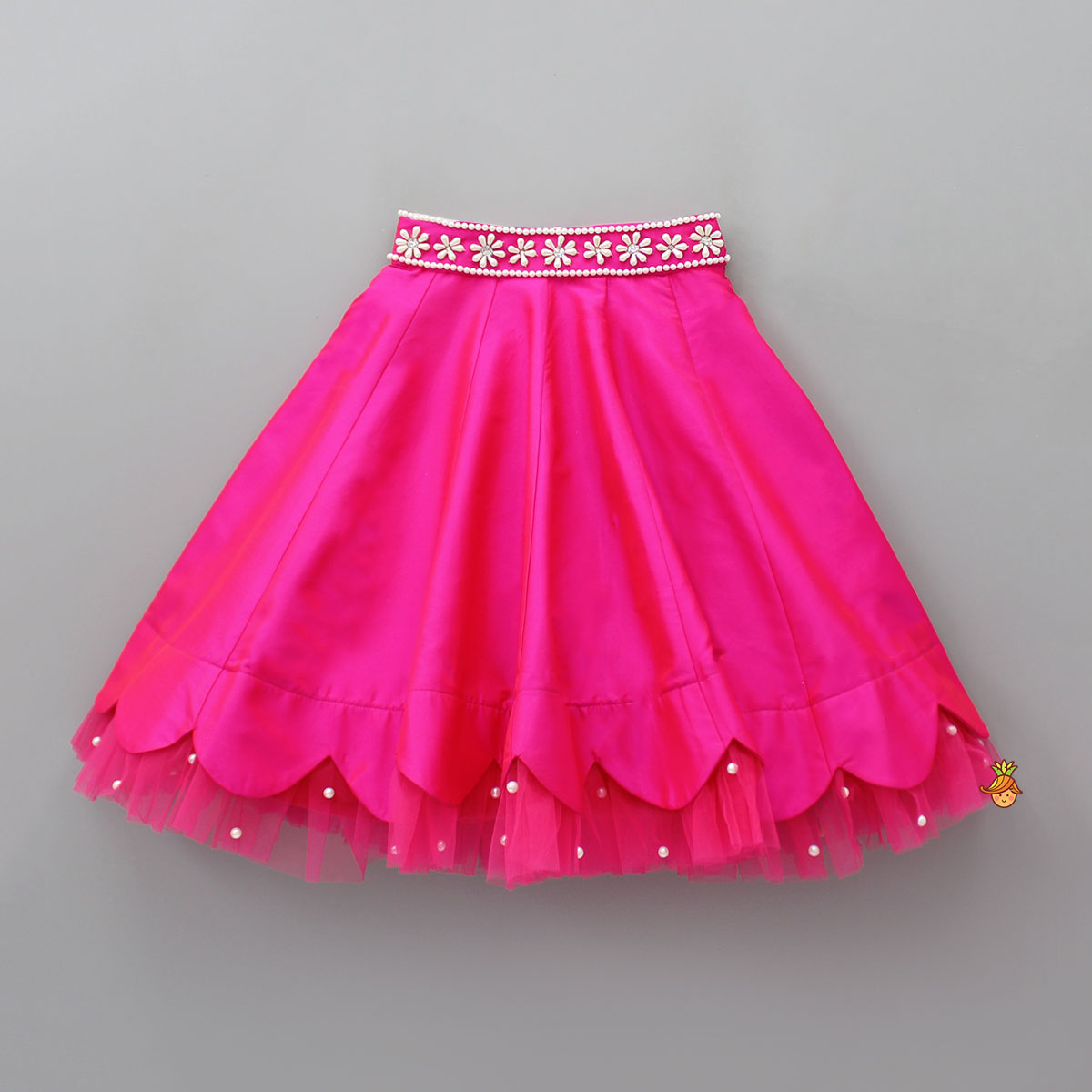 Halter Neck Pink Floral Embroidered Top And Scalloped Hem Lehenga With Flat Back Pearls Enhanced Ruffle Dupatta