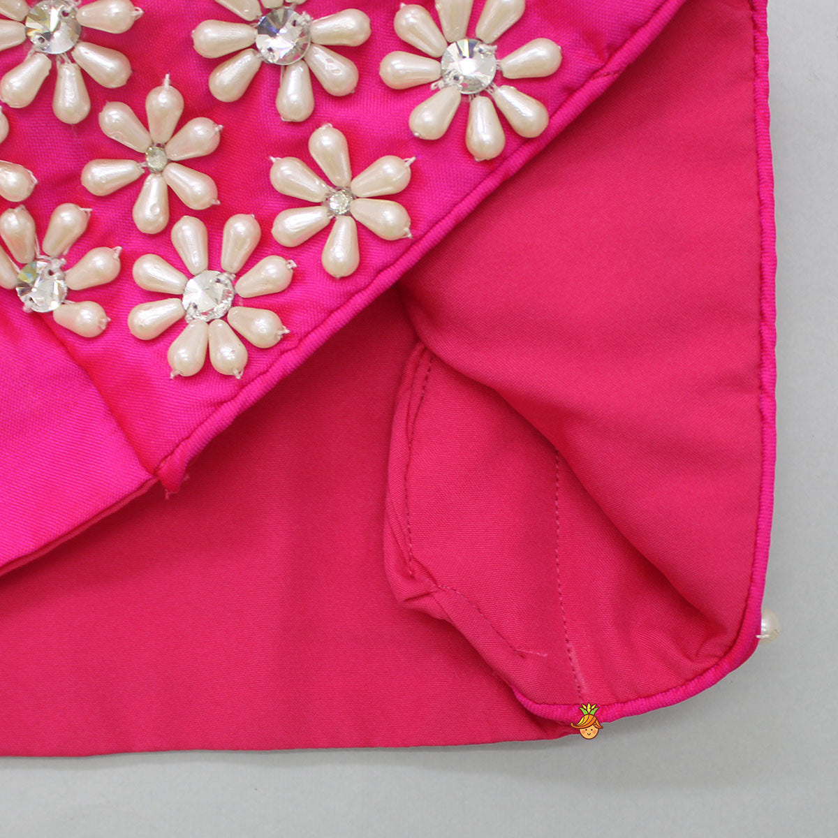 Halter Neck Pink Floral Embroidered Top And Scalloped Hem Lehenga With Flat Back Pearls Enhanced Ruffle Dupatta