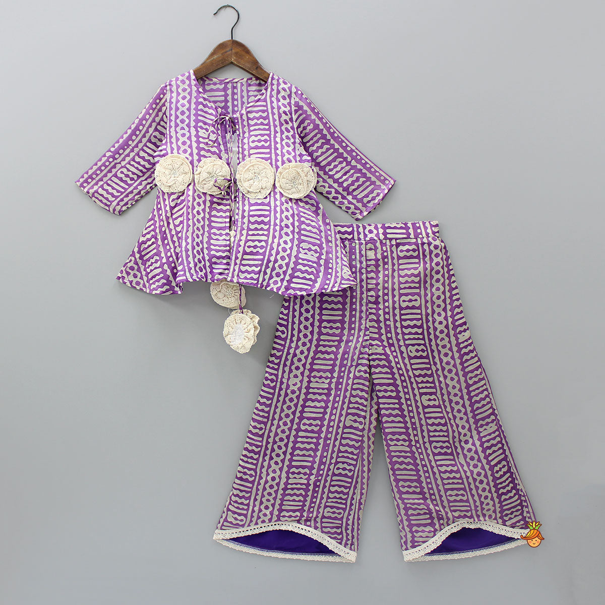 Triple Layered Top With Front Knot Detail Purple Jacket And High Low Flared Pant