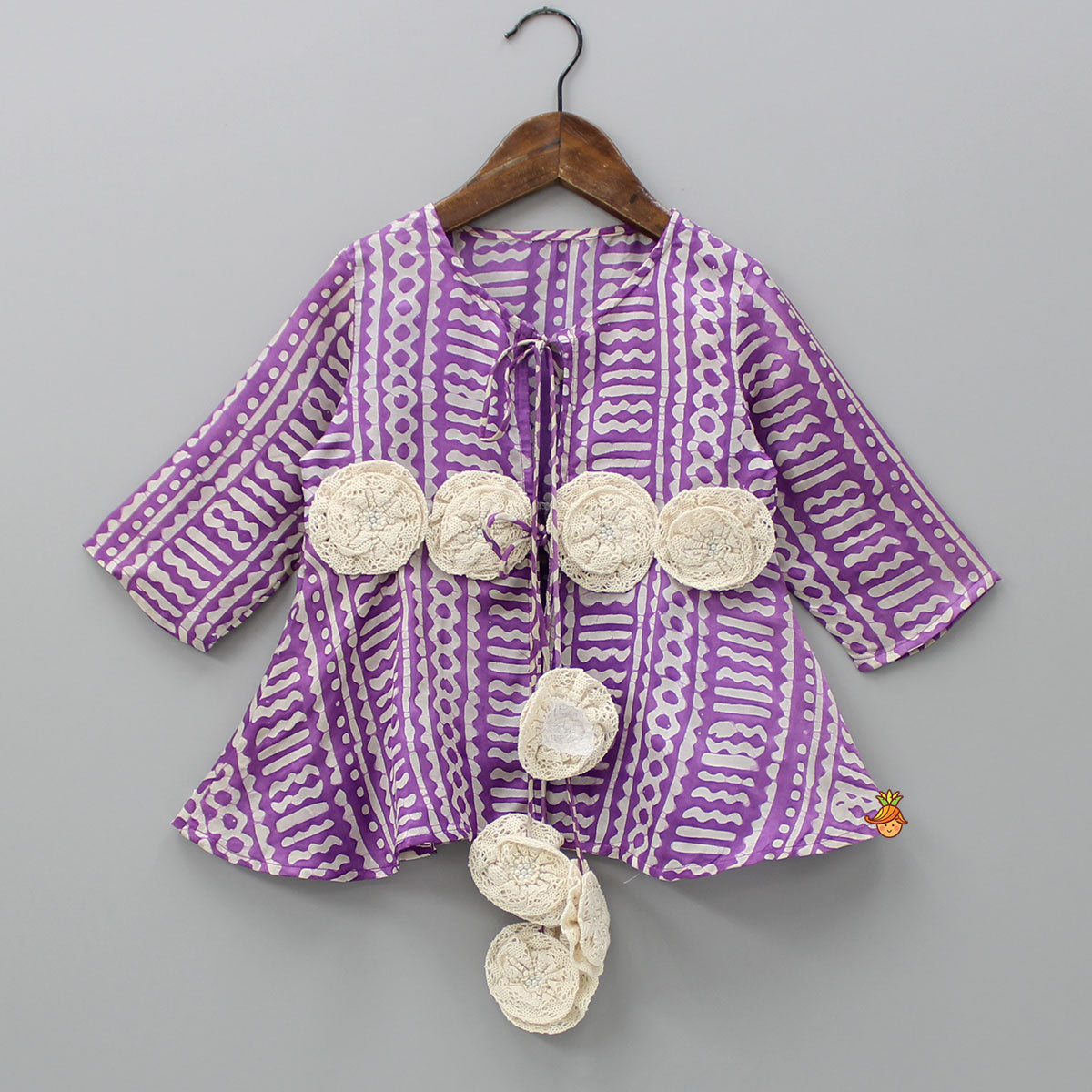 Triple Layered Top With Front Knot Detail Purple Jacket And High Low Flared Pant