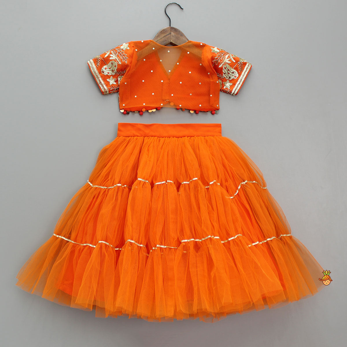 Front Open Embroidered Orange Top And Tiered Net Lehenga With Fringes Dupatta