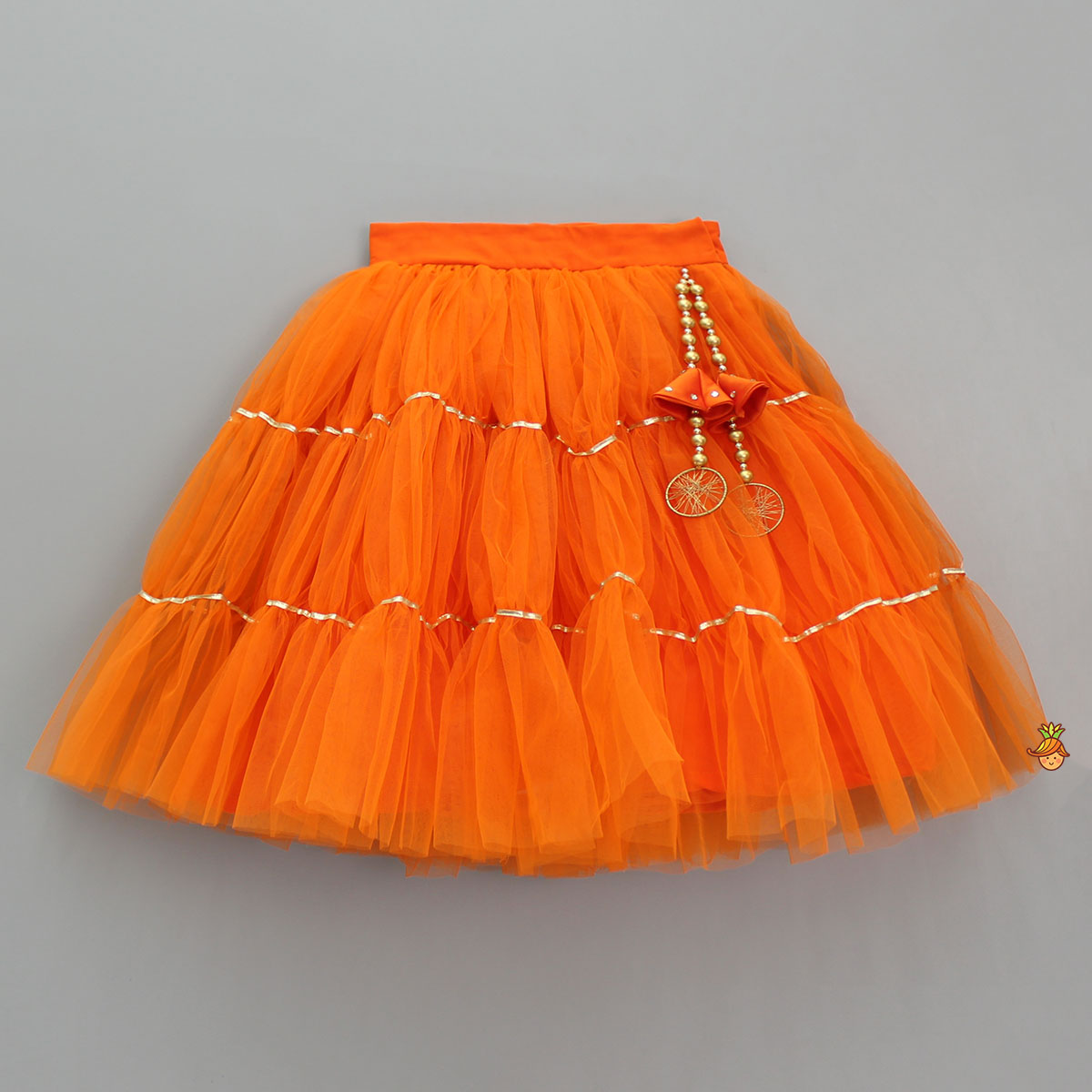 Front Open Embroidered Orange Top And Tiered Net Lehenga With Fringes Dupatta