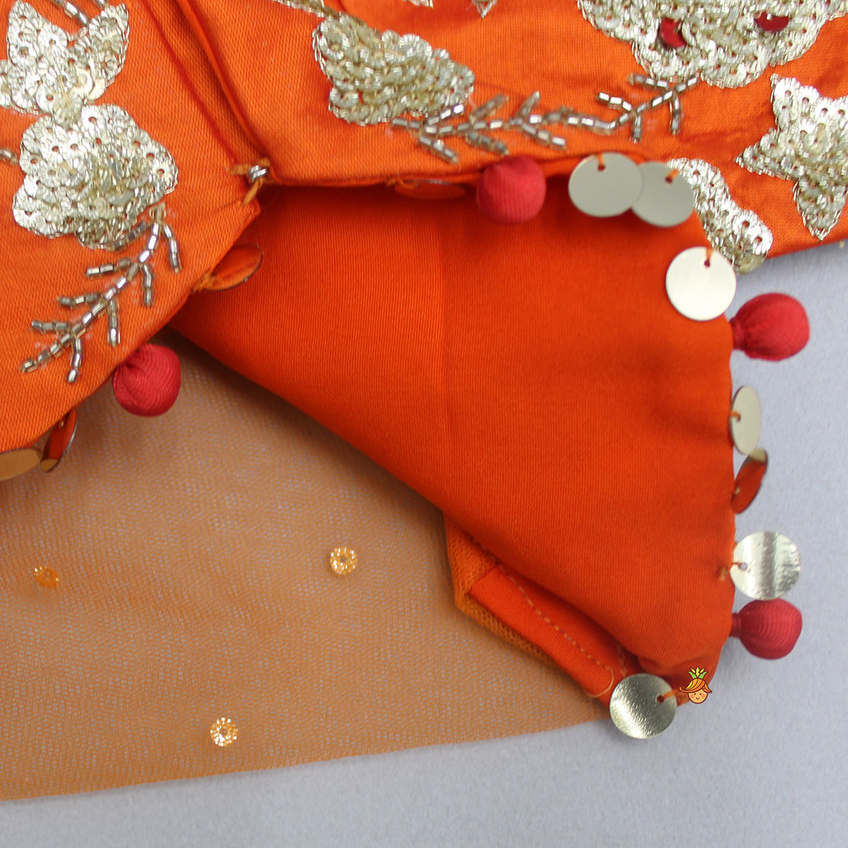 Front Open Embroidered Orange Top And Tiered Net Lehenga With Fringes Dupatta