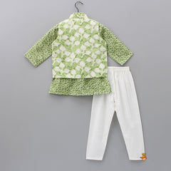 Pre Order: Printed Green Kurta And Jacket White Pyjama