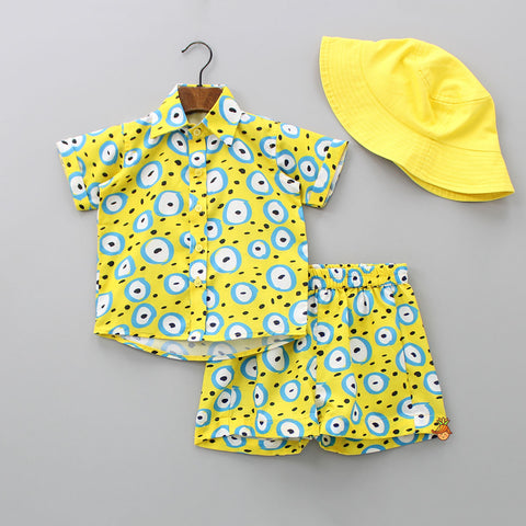 Pre Order: Printed Front Open Yellow Shirt And Shorts With Matching Cap