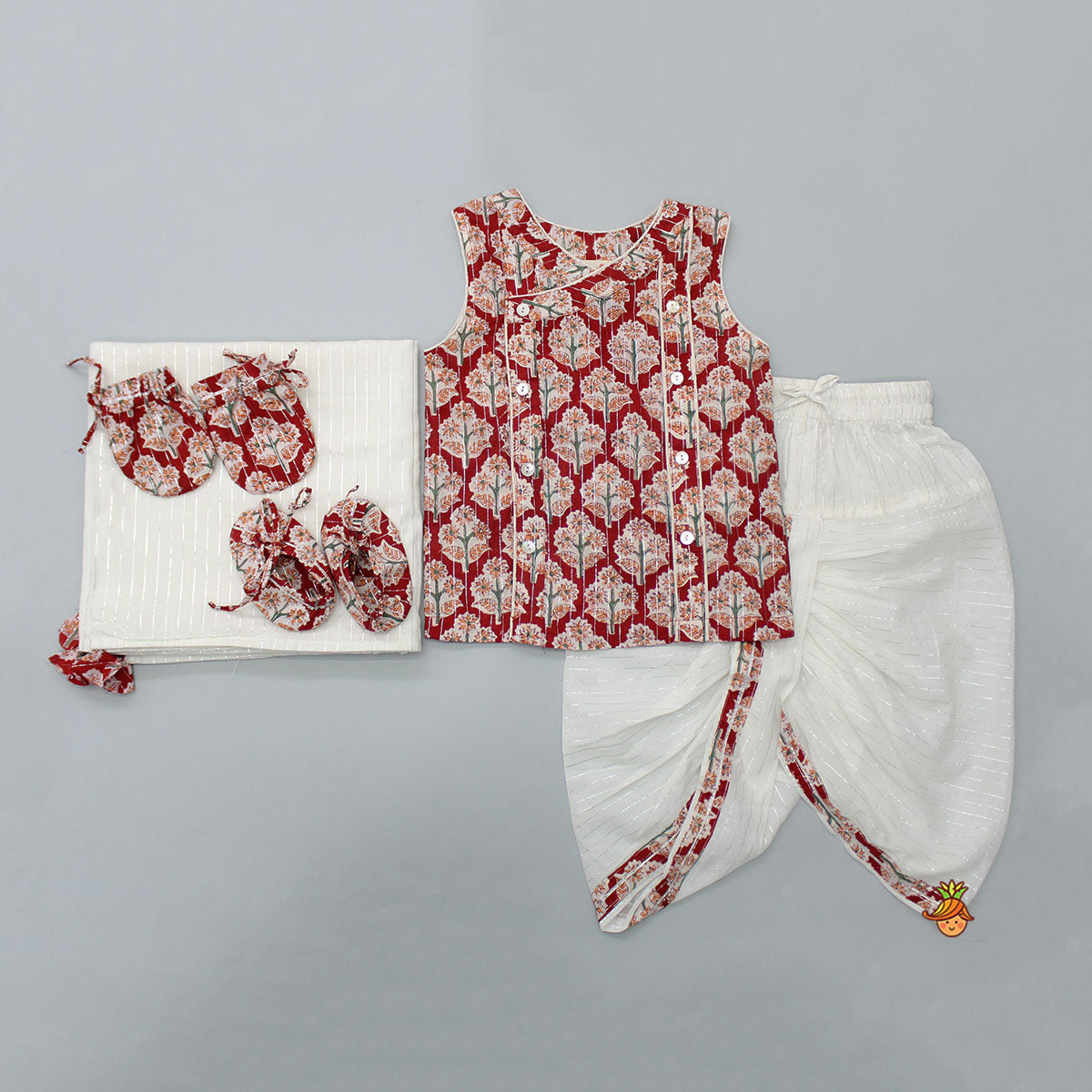 Pre Order: Ethnic Printed Cotton Lurex Infant Set With Swaddle