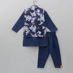 Pre Order: Blue Kurta With Printed Open Jacket And Pyjama