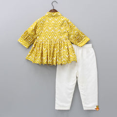 Pre Order: Collar Neck Stylish Sleeves Printed Mustard Top And Pant