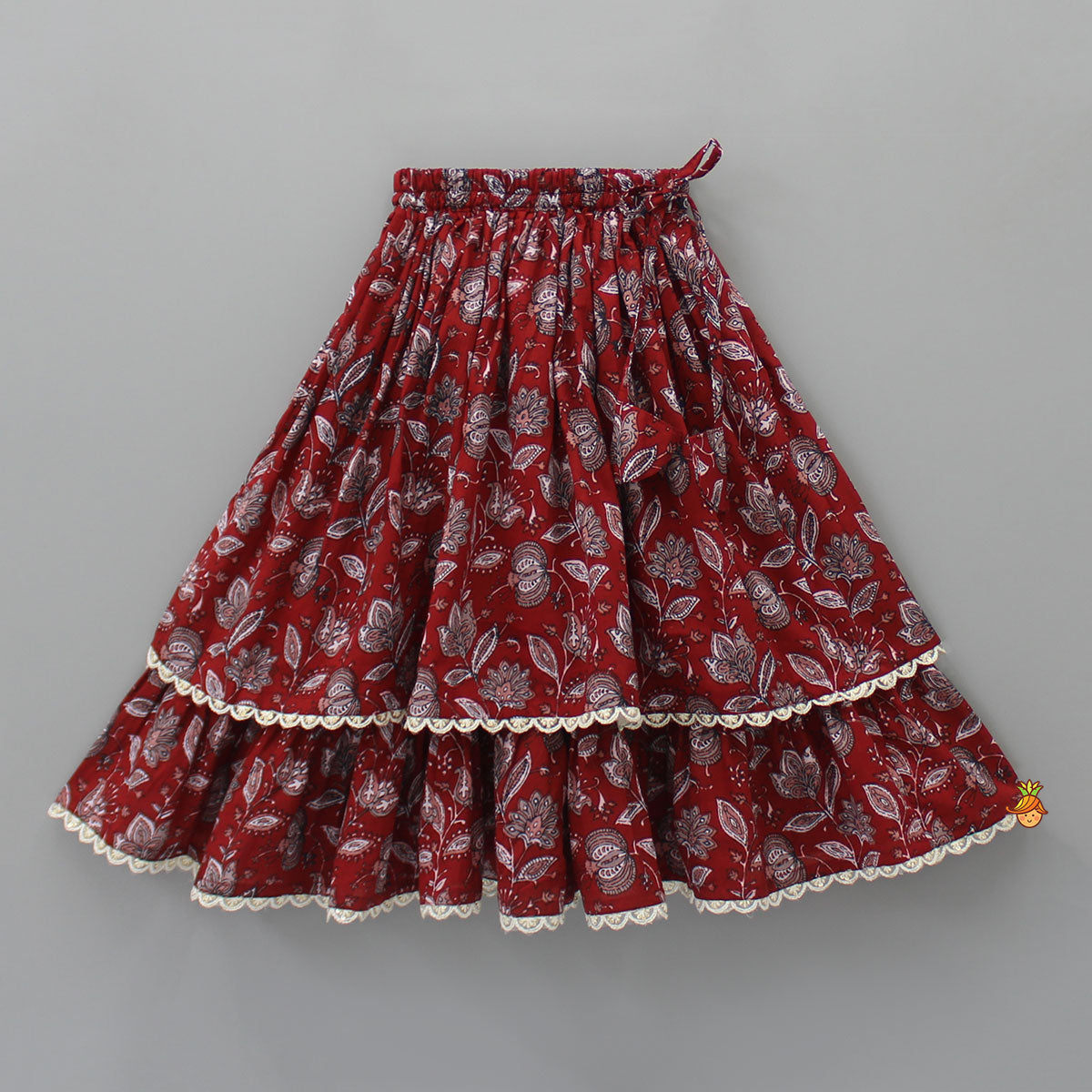 Pre Order: Red Cotton Pleated Hem Top And Layered Lehenga