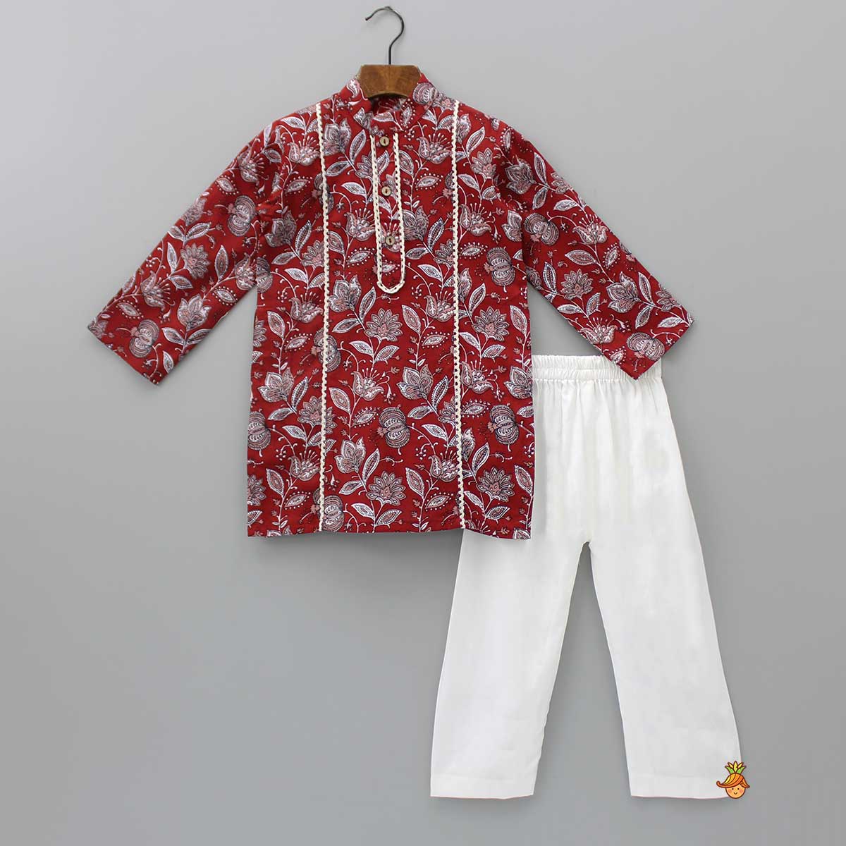 Floral Printed Red Lace Work Kurta And Pyjama