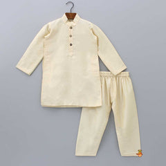 Pre Order: Beige Pockets Detail Kurta With Floral Jacket And Pyjama