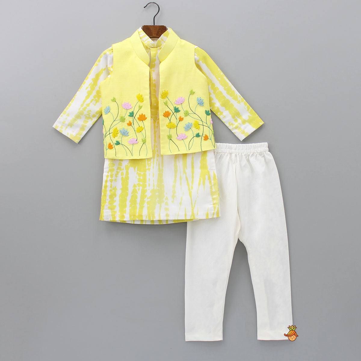 Shibori Printed Kurta With Beads Embroidered Yellow Open Jacket And Churidar