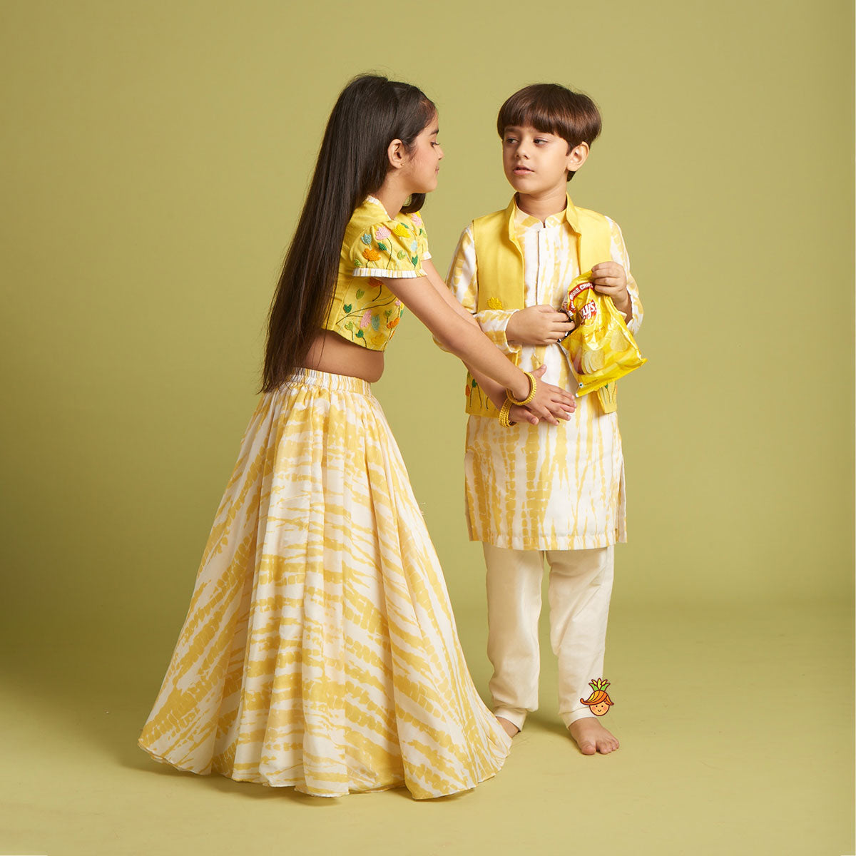 Shibori Printed Kurta With Beads Embroidered Yellow Open Jacket And Churidar twinning model image 2