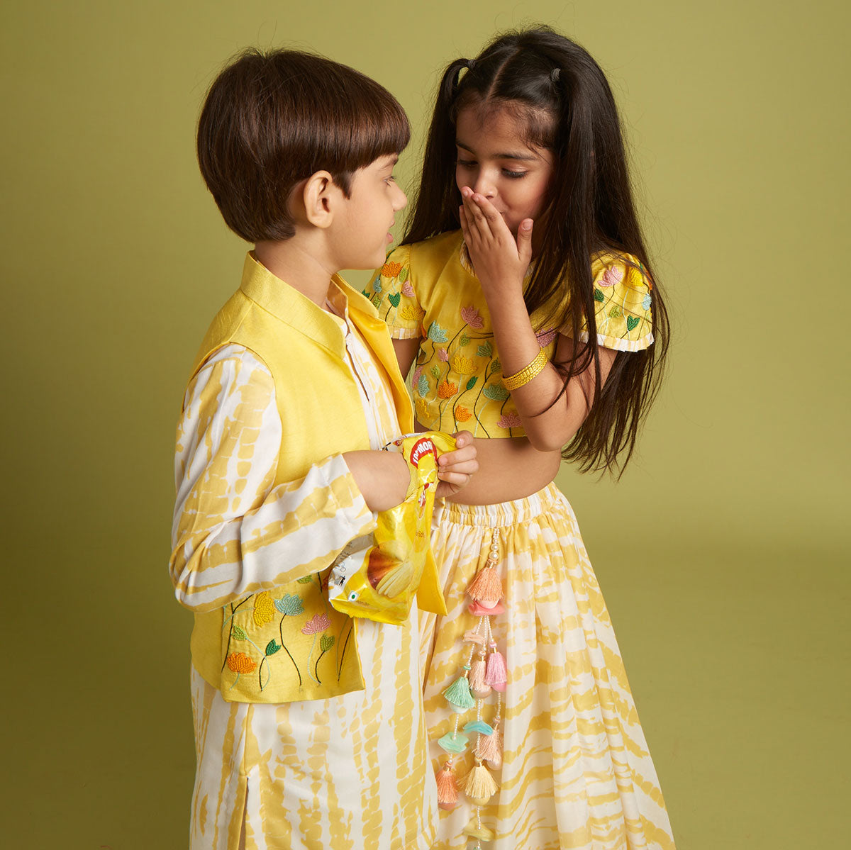 Shibori Printed Kurta With Beads Embroidered Yellow Open Jacket And Churidar twinning model image 4