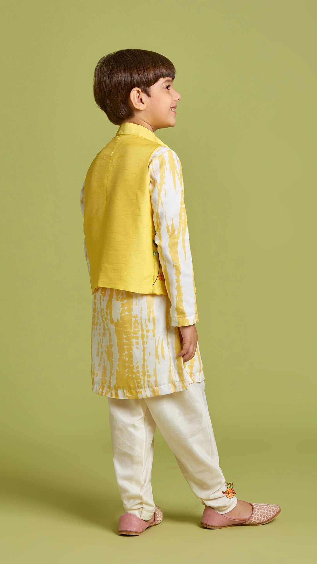 Shibori Printed Kurta With Beads Embroidered Yellow Open Jacket And Churidar
