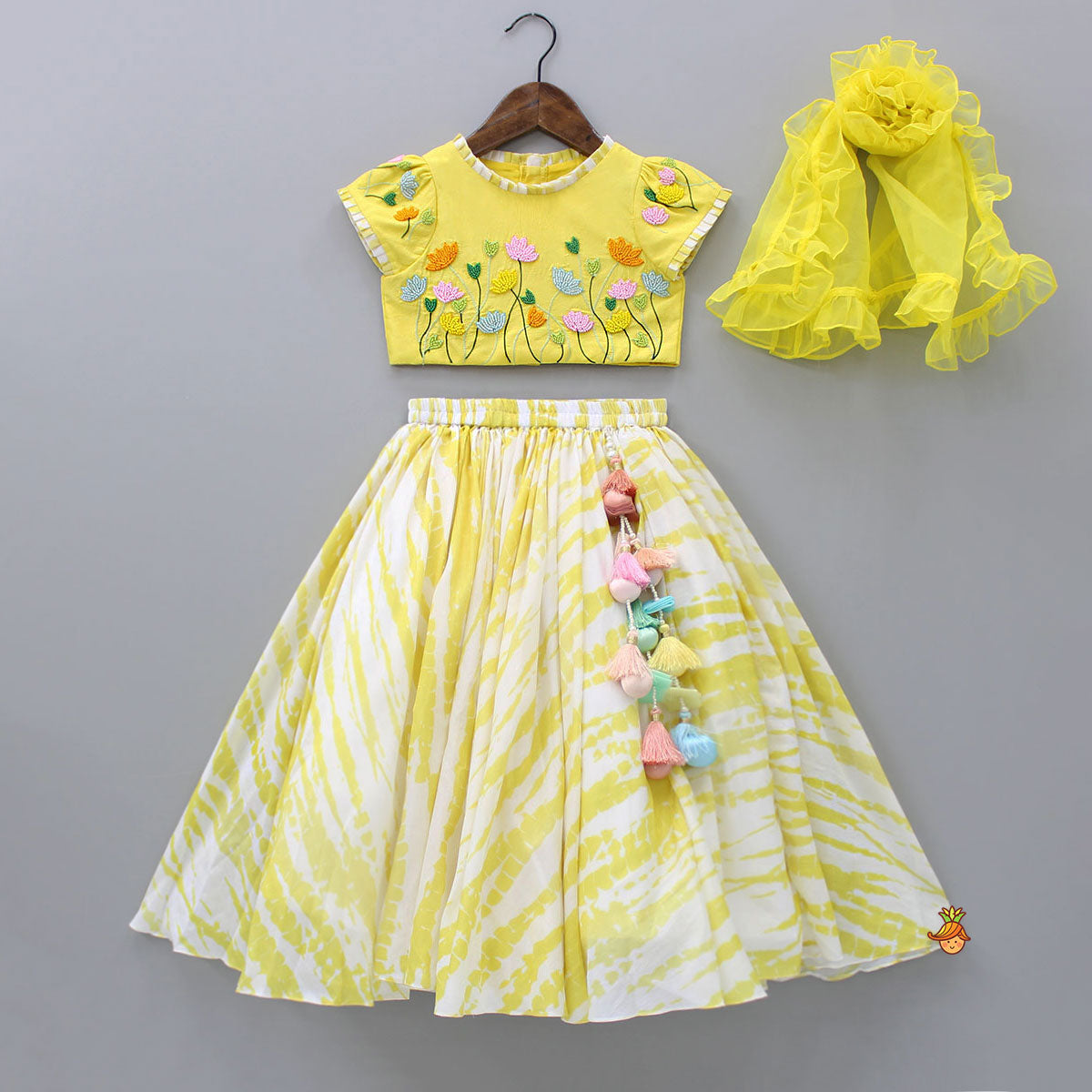 Beaded Yellow Top And Shibori Printed Lehenga With Ruffle Dupatta