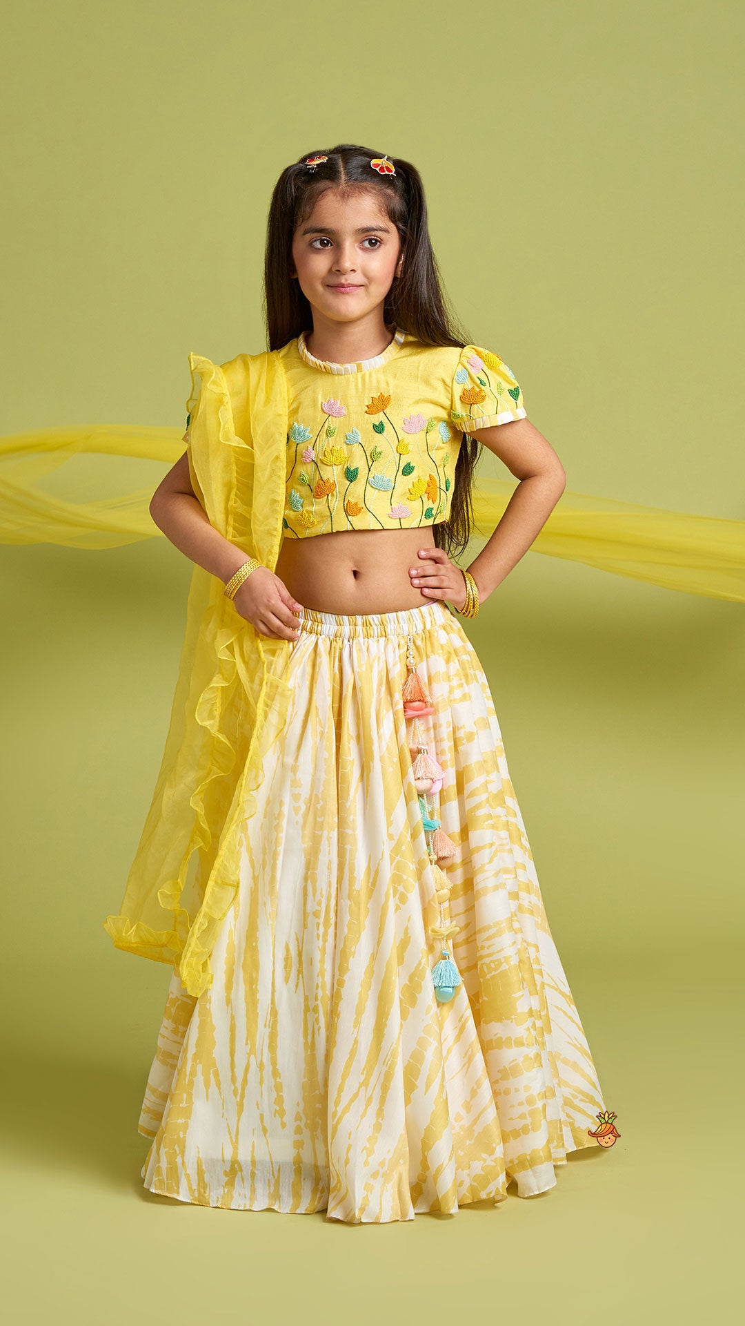 Pre Order: Beaded Yellow Top And Shibori Printed Lehenga With Ruffle Dupatta