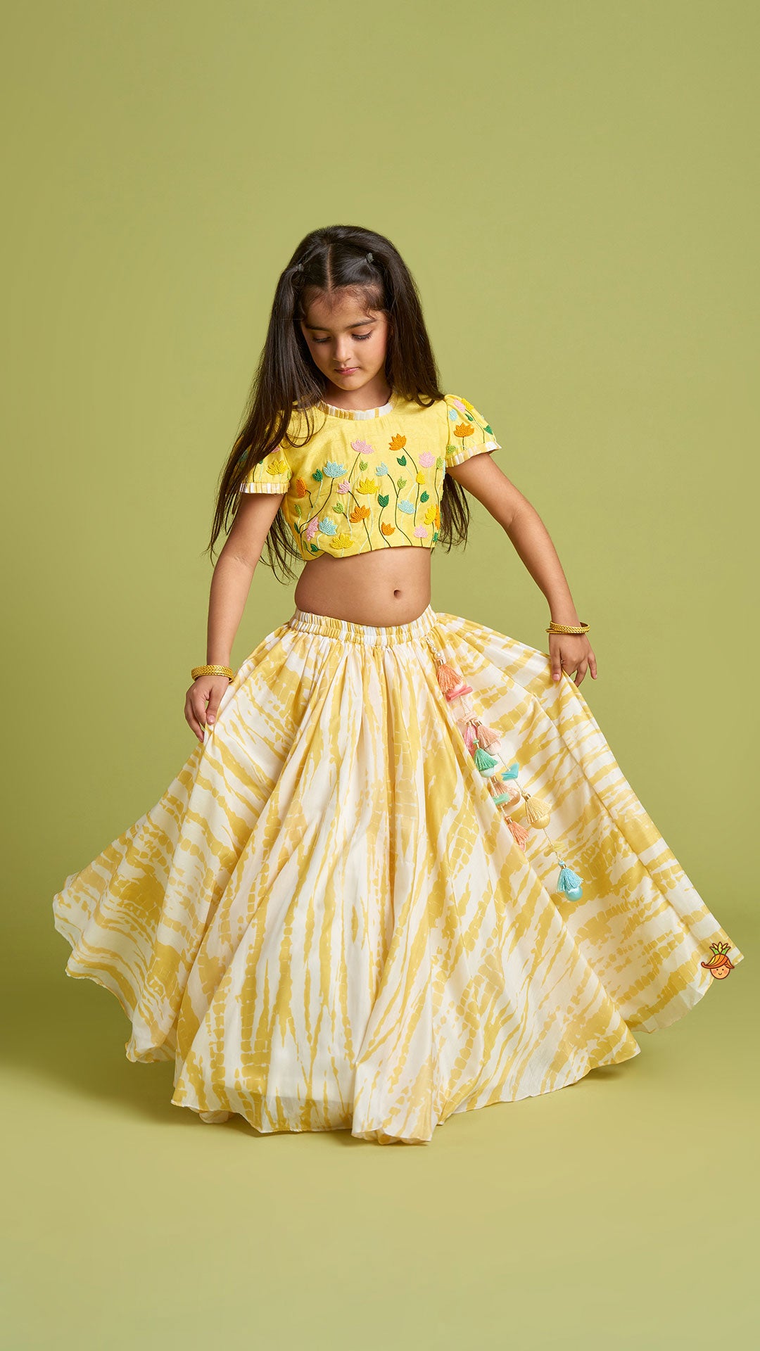 Beaded Yellow Top And Shibori Printed Lehenga With Ruffle Dupatta