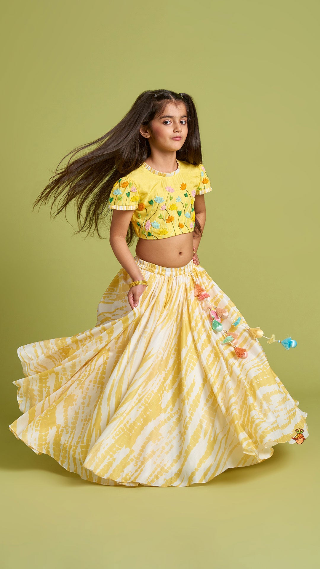 Pre Order: Beaded Yellow Top And Shibori Printed Lehenga With Ruffle Dupatta