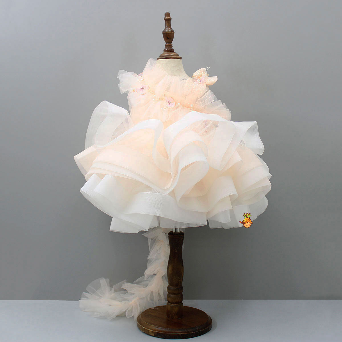 Pre Order: Butterfly And Pearl String Enhanced Ruffle Shaded Peach Dress