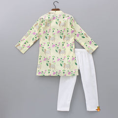 Pre Order: Cow Printed Side Buttons Detail Yellow Kurta And Pyjama