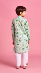 Pre Order: Floral Printed Side Buttons Detail Green Kurta And Pyjama